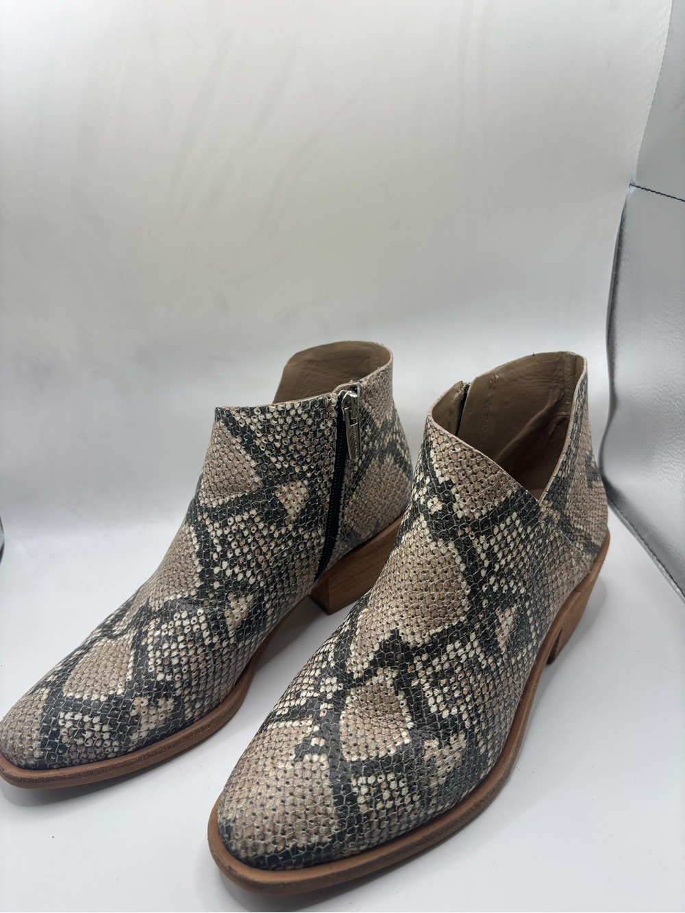 Vince Camuto Beige and Black Snake-Print Ankle Booties